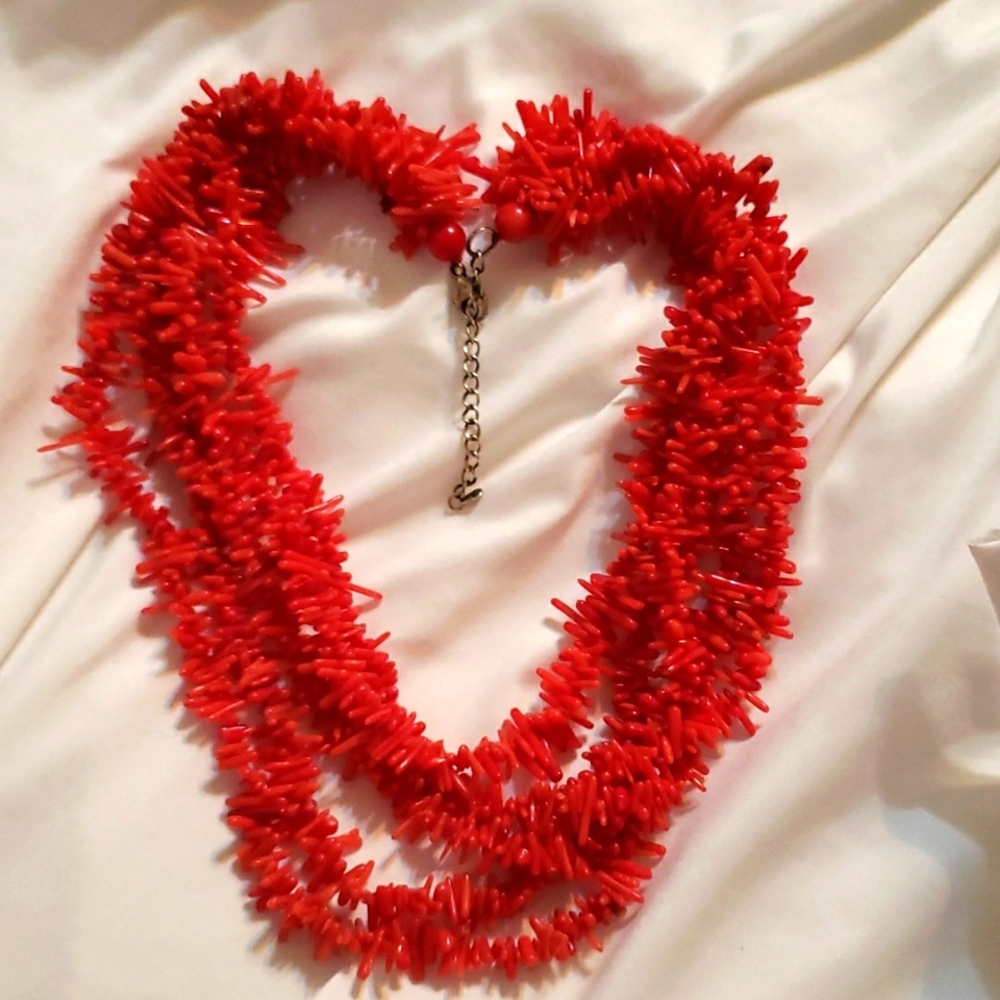 Coral branch hand knotted 5 strand and sterling silver necklace 18"